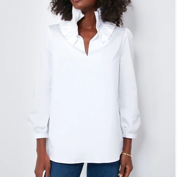 Tuckernuck Tops - White Stretch Poplin Ruffle Neck Bouvier Blouse
TUCKERNUCK